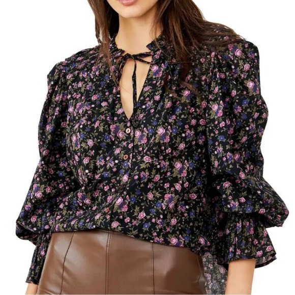 Free People Tops - Free People Meant to Be Blouse Black Pink Floral Print Size Medium